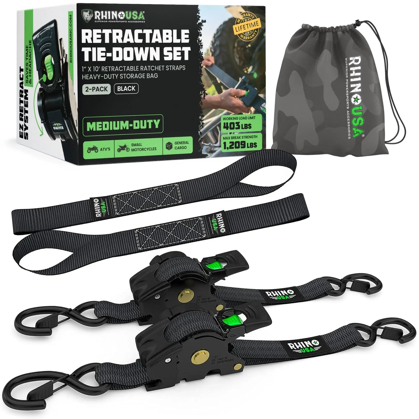 Automatic Retractable Ratchet Straps (4-Pack) — 1" x 10' Heavy Duty Tie-Downs (1,209 lbs Break Strength)