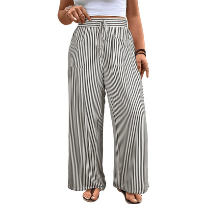 Womens Plus Size Wide Leg Pants Elastic High Waist Striped Casual Palazzo Pants Lounge Trouser with Pockets (1X-5X)