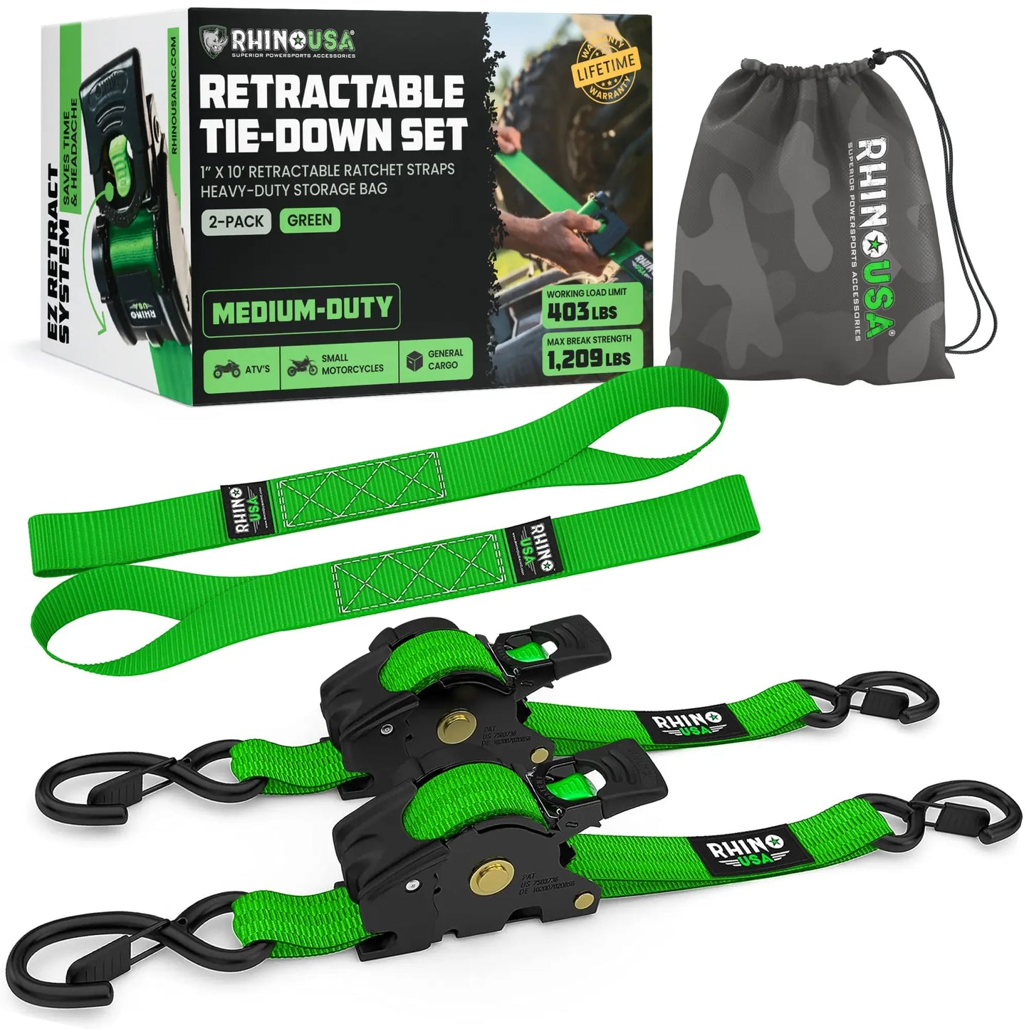 Automatic Retractable Ratchet Straps (4-Pack) — 1" x 10' Heavy Duty Tie-Downs (1,209 lbs Break Strength)