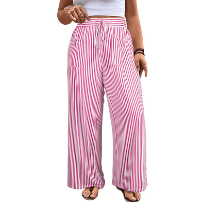 Womens Plus Size Wide Leg Pants Elastic High Waist Striped Casual Palazzo Pants Lounge Trouser with Pockets (1X-5X)