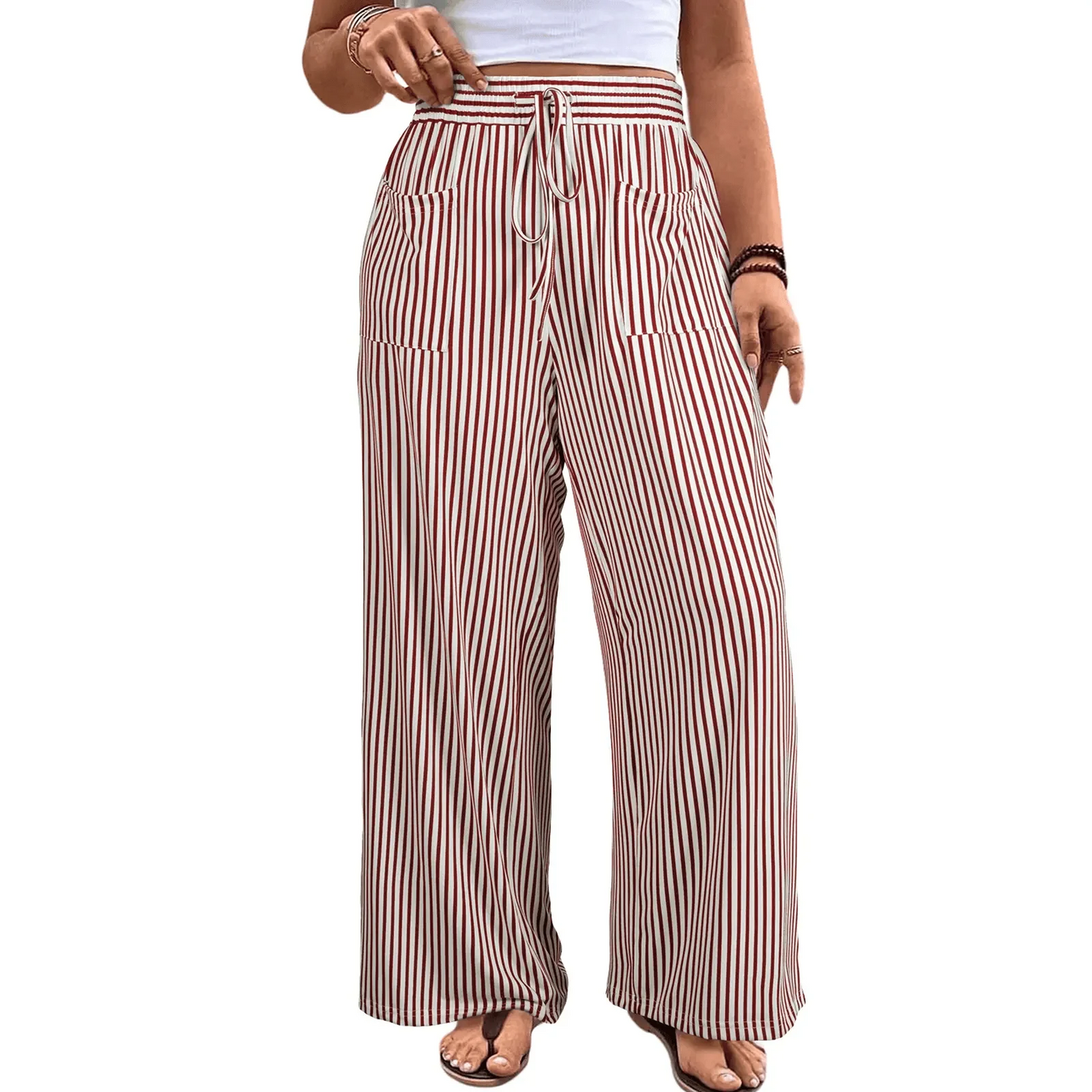 Womens Plus Size Wide Leg Pants Elastic High Waist Striped Casual Palazzo Pants Lounge Trouser with Pockets (1X-5X)
