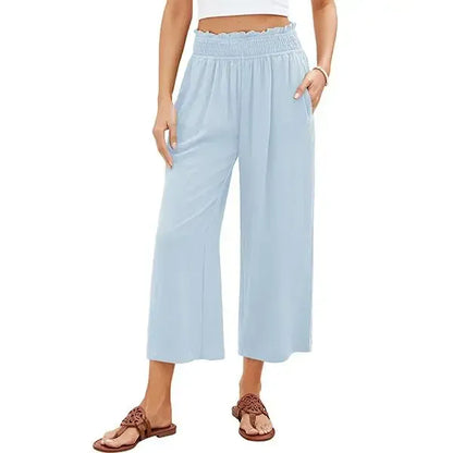 Linen Wide Leg Pants for Women - High Waisted Smocked Summer Beach Trousers