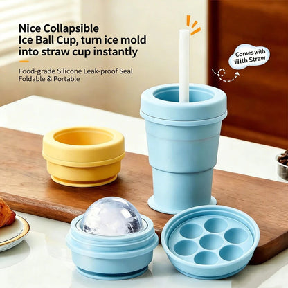 Collapsible Ice Puck Water Cup — Portable Silicone Travel Mug with Built-in Ice Mold