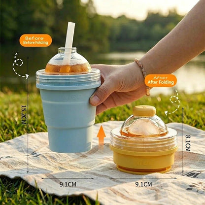 Collapsible Ice Puck Water Cup — Portable Silicone Travel Mug with Built-in Ice Mold