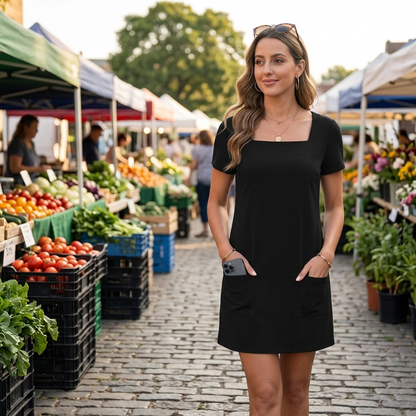 Square Neck Jersey Mini Dress with Pockets